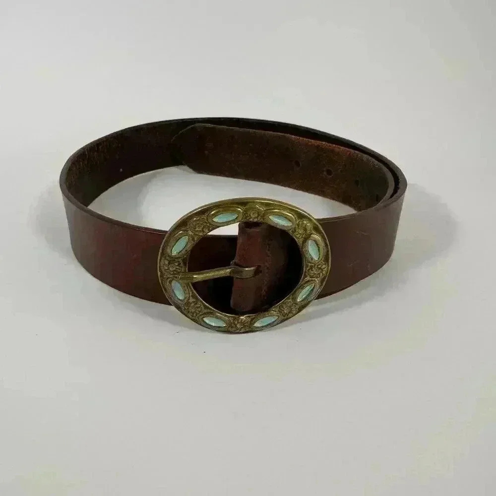 90’s Brown Leather Belt round turquoise detailed buckle